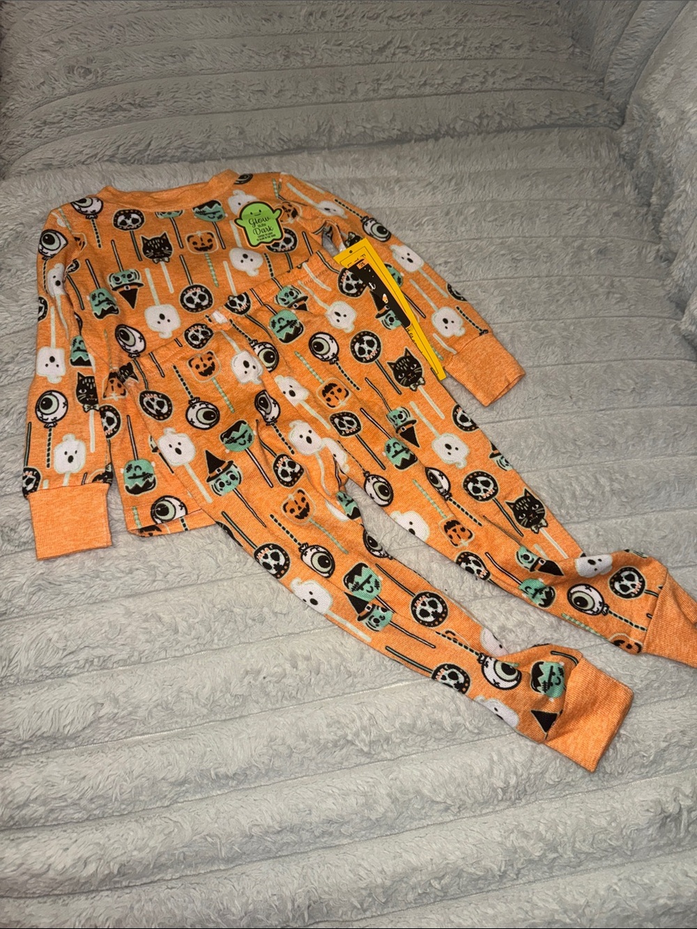 Kids Orange Halloween Pajama Set with Fun Candy & Ghost Print